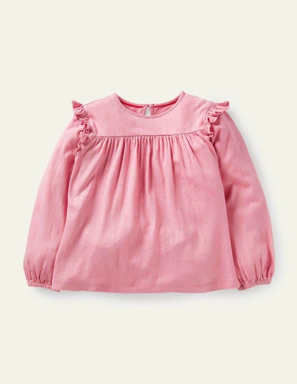 Mini Boden Girls' Floaty Pink Golden Dot Ruffle Top 5-6Y